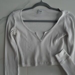 TNA Cream Puff Sleeve Ribbed Crop Blouse